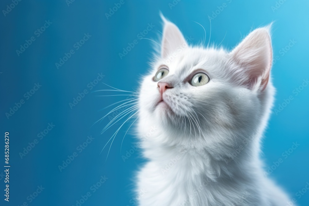 A close-up image of a white cat looking up. This picture can be used to capture the curiosity and innocence of cats