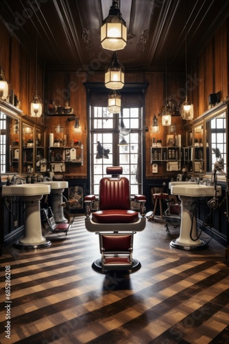 Vintage barbershop with wooden floors and large mirrors no barbers  AI generated illustration © ArtStage