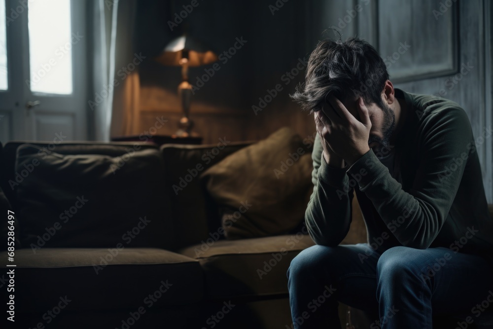 Obraz premium A man is seen sitting on a couch, with his head in his hands. This image can be used to depict stress, frustration, or feeling overwhelmed