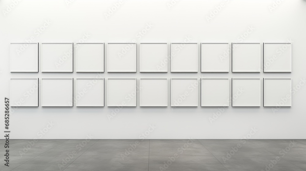 White gallery walls with evenly spaced empty picture frames awaiting artwork AI generated illustration White gallery walls with evenly spaced empty picture frames awaiting artwork AI generated illustration