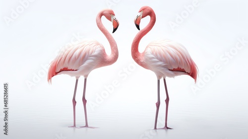 two flamingos standing on a white surface photo