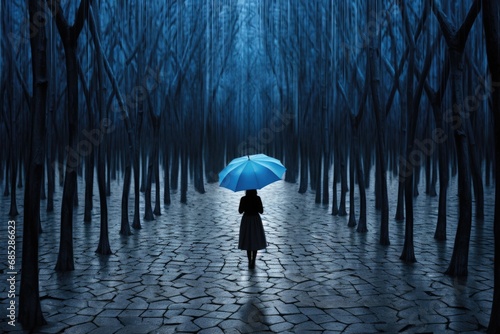 A woman standing in a dark forest, holding an umbrella. This image can be used to convey a sense of mystery and solitude. It is suitable for various themes such as nature, fantasy, and weather © Ева Поликарпова