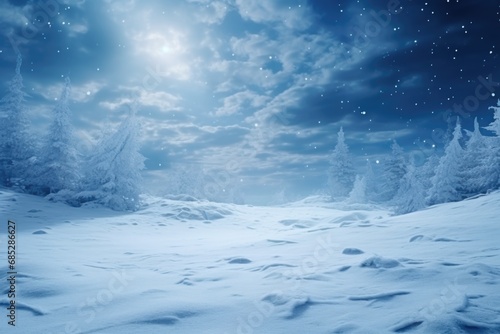 A serene winter scene featuring a snowy landscape with tall trees and a full moon. 