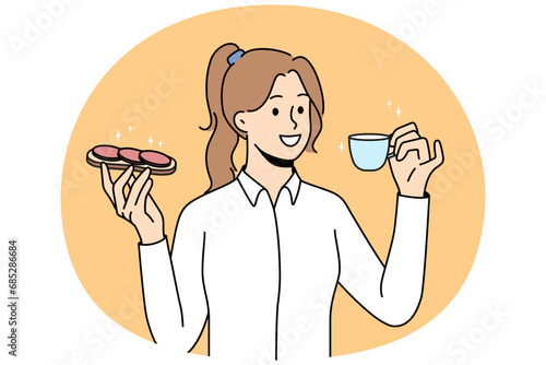 Smiling young woman eating sandwich drinking coffee. Happy girl enjoy lunch with bread and tea. Food break. Vector illustration.