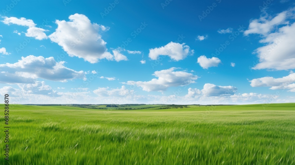 Wide-open field with tall grass and a bright blue sky AI generated illustration Wide-open field with tall grass and a bright blue sky AI generated illustration