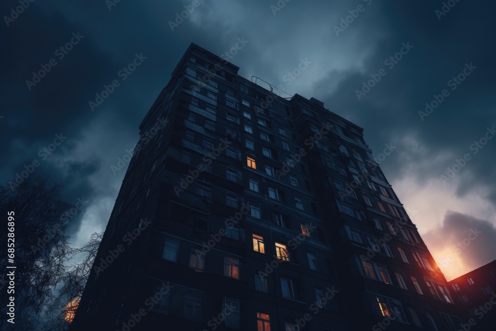A picture capturing the beauty of a tall building with its windows illuminated at night. This image can be used to showcase city architecture and the vibrant nightlife.