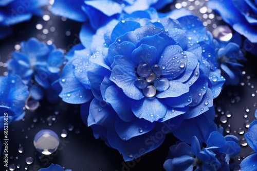 A detailed view of a blue flower with glistening water droplets. Perfect for botanical or nature-themed projects.