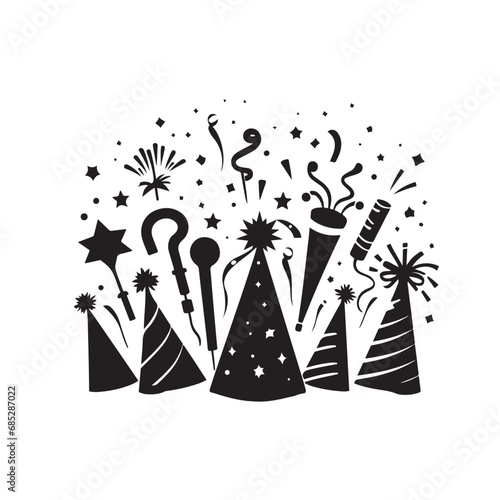 Happy New Year Party Hats and Noisemakers Silhouette - Minimalist Celebration Art Party Hats Black Vector
 photo