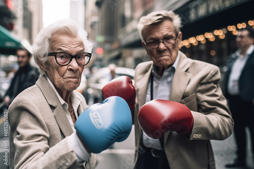 Pensioners boxing on street in USA. Grandmother boxing with grandfather. Grandma in boxing gloves in fight with broker at Wall Street. Granny boxing with a businessman. Old woman fight with old man. photo