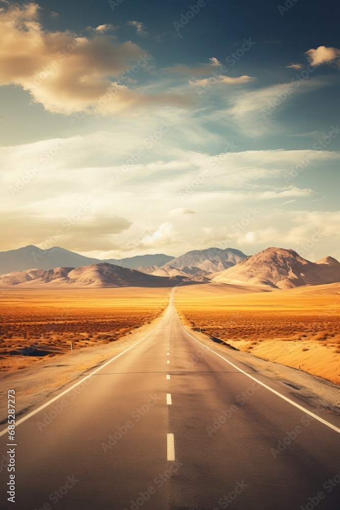 Desolate empty road stretching through a desert  AI generated illustration