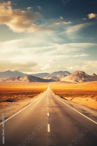 Desolate empty road stretching through a desert AI generated illustration