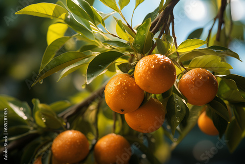 Oranges on the tree. Juicy oranges in the nature. Eco or natural food. 
