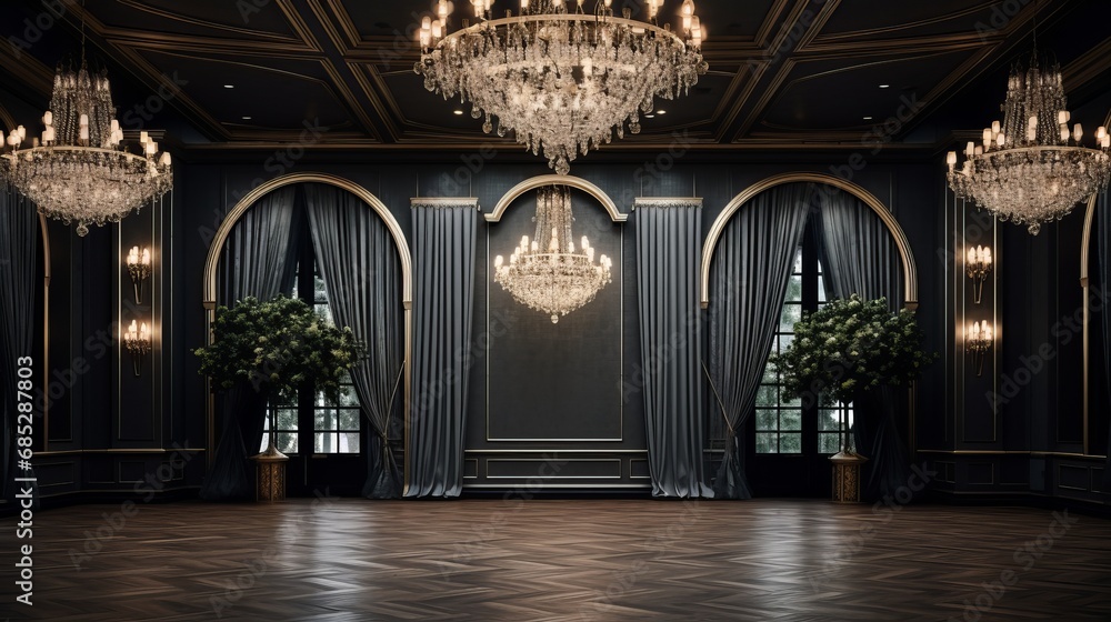 Elegant ballroom with large chandelier for event decor mockup  AI generated illustration - obrazy, fototapety, plakaty 