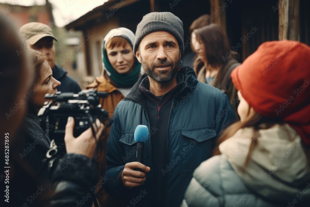 A man is using a microphone to address a group of people. This image can be used to illustrate public speaking, presentations, or group discussions. A man is using a microphone to address a group of people. This image can be used to illustrate public speaking, presentations, or group discussions.