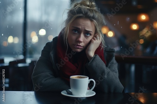 A woman sitting at a table, enjoying a cup of coffee. This image can be used to depict relaxation, morning routine, or coffee break moments.