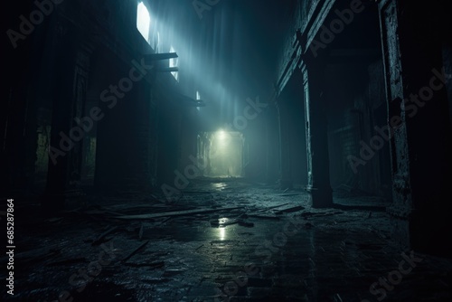 A picture of a mysterious and eerie dark alley with a bright light shining at the end. This image can be used to depict hope, mystery, or a metaphorical journey towards a goal.