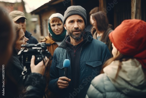 A man is using a microphone to address a group of people. This image can be used to illustrate public speaking, presentations, or group discussions. © Ева Поликарпова