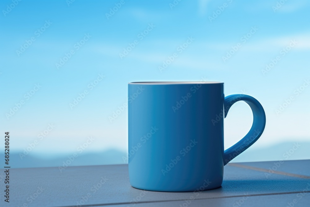 Obraz premium A blue coffee cup sitting on top of a table. Perfect for coffee shop promotions or home decor advertisements.