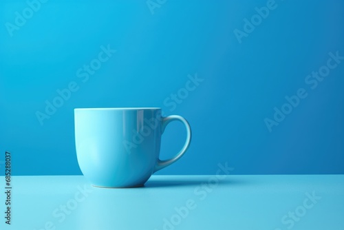 A simple image of a blue coffee cup sitting on top of a table. This picture can be used to represent a morning routine, coffee breaks, or cozy cafes.