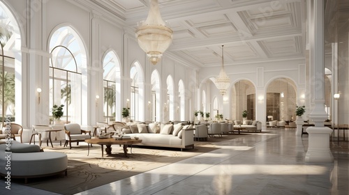 Elegant hotel lobby with high ceiling for lighting fixtures mockup  AI generated illustration photo
