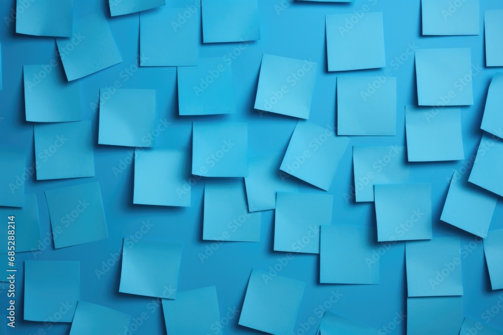A collection of blue post it notes arranged on a wall. Useful for organizing tasks and ideas in an office or home setting.