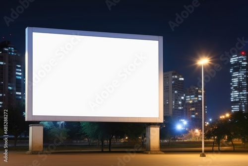 Illuminated blank billboard with copy space. Empty white blank street billboard at night.
