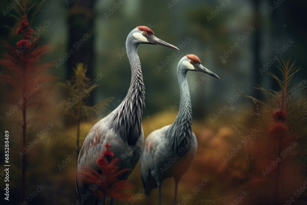 Obraz premium Two large birds standing side by side in a peaceful forest.