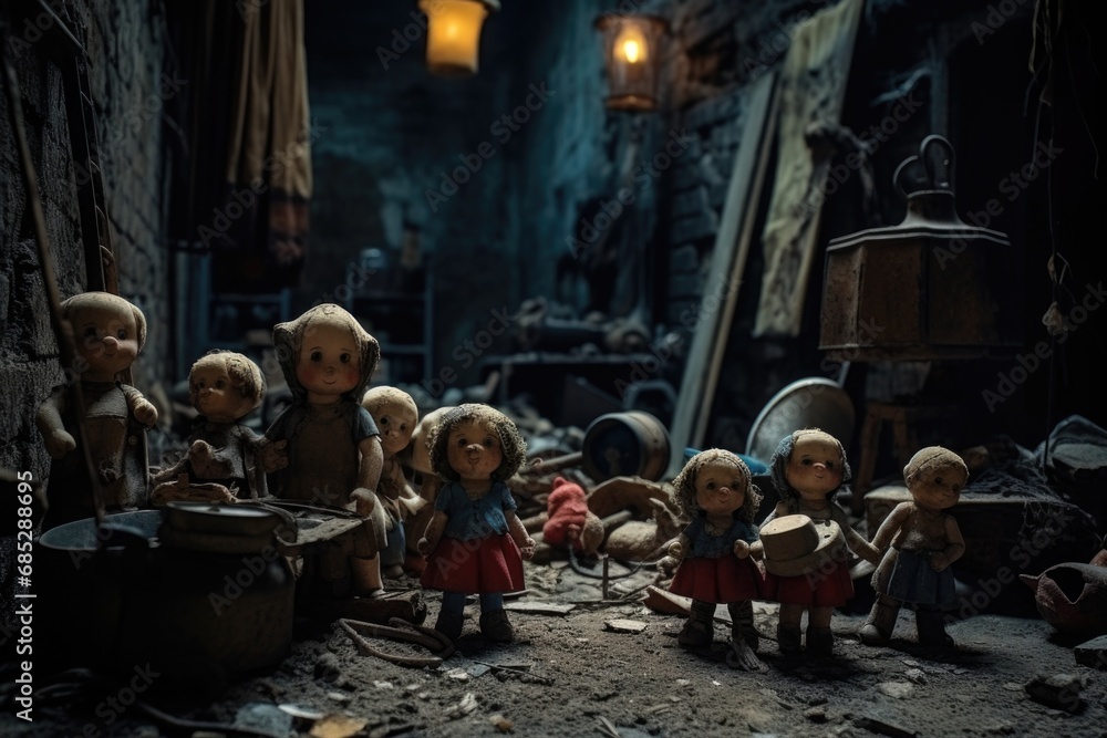 A group of dolls standing together in a room. This image can be used to depict a collection, childhood memories, or interior design ideas. - obrazy, fototapety, plakaty 