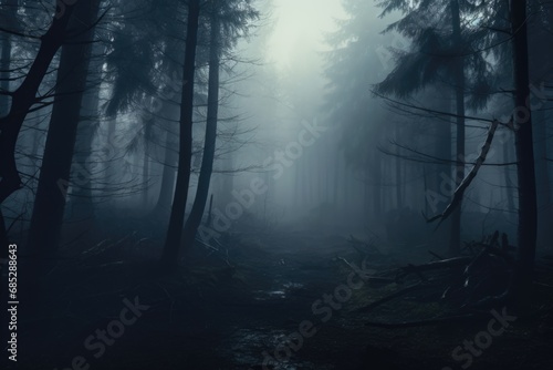 A picture of a dark forest with an abundance of tall trees. This image can be used to create a mysterious and eerie atmosphere in various projects.