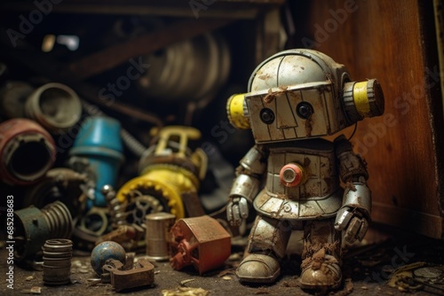 A toy robot sitting on top of a pile of junk.