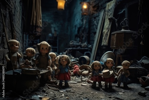 A group of dolls standing together in a room. This image can be used to depict a collection, childhood memories, or interior design ideas.
