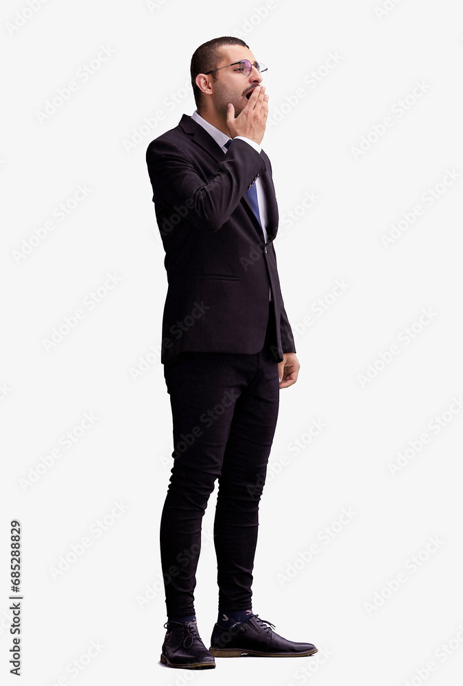 young sleepy man in full growth. isolated on white background. yawns