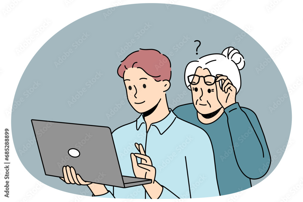 Millennial grandson help confused older grandmother with laptop problem. Caring guy assist mature grandma with compute. Elderly and technology. Vector illustration.