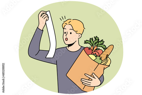 Stunned young man with bag or groceries shocked by expenses in supermarket. Amazed guy surprised with prices on food and products in shop. Vector illustration.