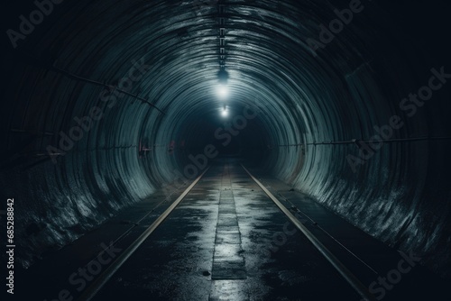A picture of a dark tunnel with a small light at the end. This image can be used to represent hope, overcoming challenges, or finding a way out of difficult situations.