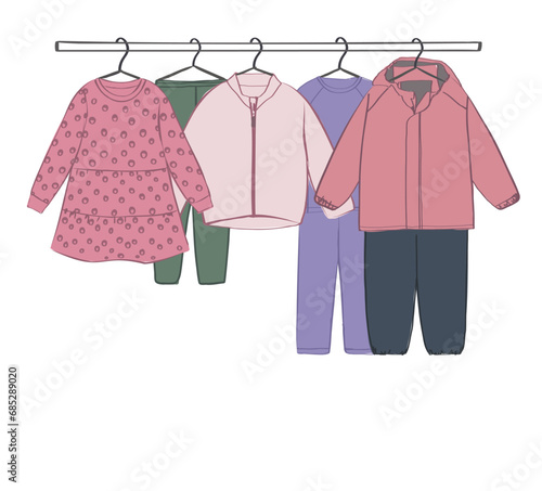 Kids seasonal winter clothes. Overalls, pants, cardigan, suit set.