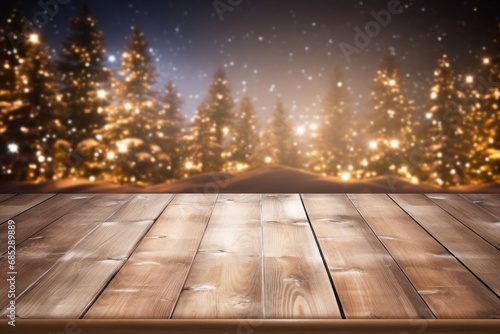 Empty wooden table with christmas theme in background . Generative Ai