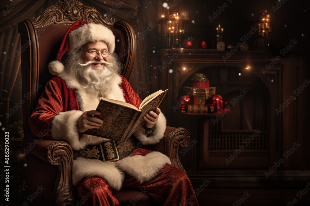 Santa Claus sits smiling in an armchair and reads from an old book Santa Claus sits smiling in an armchair and reads from an old book