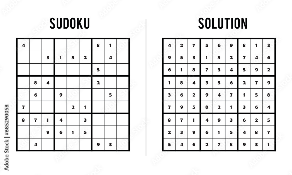 Sudoku Puzzles for Kids and Adults, Game With Solution, Magic Square. Logic puzzle game. Digital rebus Sudoku Puzzles for Kids and Adults, Game With Solution, Magic Square. Logic puzzle game. Digital rebus
