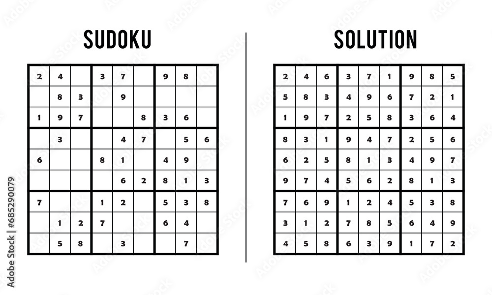 Sudoku Puzzles for Kids and Adults, Game With Solution, Magic Square. Logic puzzle game. Digital rebus Sudoku Puzzles for Kids and Adults, Game With Solution, Magic Square. Logic puzzle game. Digital rebus