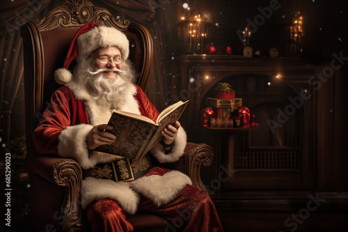 Santa Claus sits smiling in an armchair and reads from an old book © Lansk