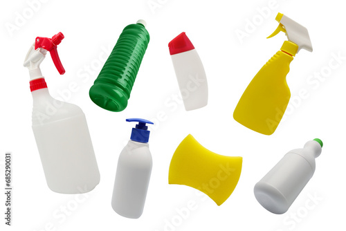 Vászonkép Household cleaning product plastic bottle falling in the air on transparent back