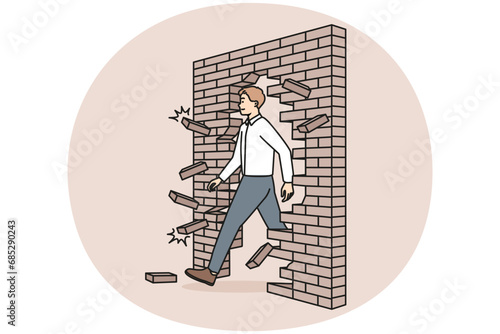Confident businessman walk through crashed brick wall achieve business success or achievement. Motivated male employee break crash wall go for goal accomplishment. Vector illustration.