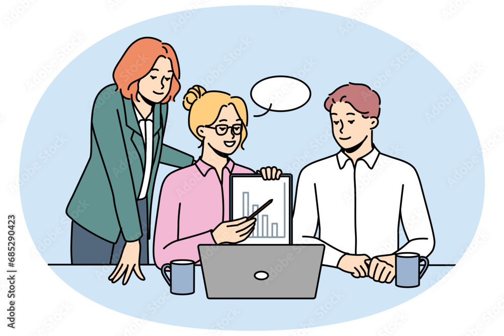Smiling businesspeople talk on video call on computer make presentation. Happy employees present business project together on webcam conference on laptop. Vector illustration. Smiling businesspeople talk on video call on computer make presentation. Happy employees present business project together on webcam conference on laptop. Vector illustration.