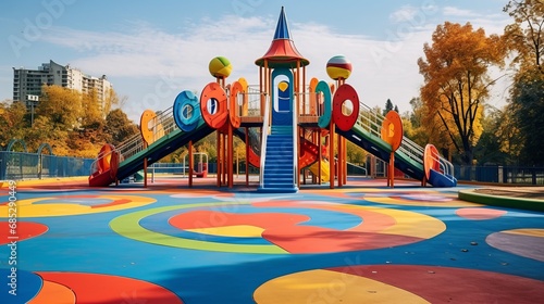 Empty park with a colourful playground in the background  AI generated illustration photo