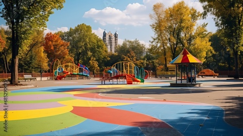 Empty park with a colourful playground in the background AI generated illustration