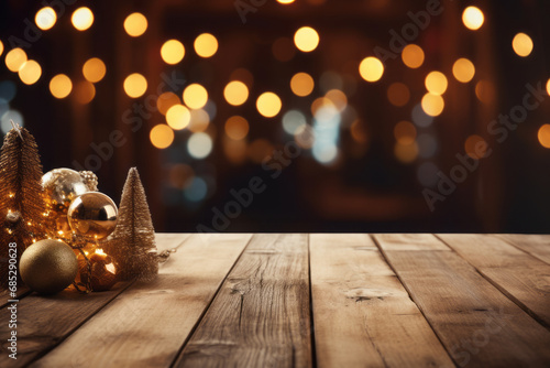 Empty wooden table with christmas theme in background . Generative Ai