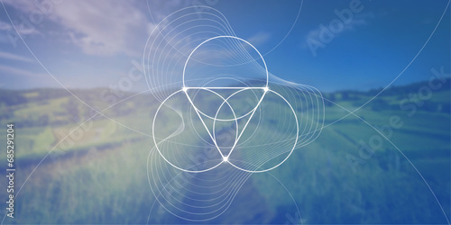 Flower of life. Tree of life. Sacred geometry spiritual new age futuristic illustration with transmutation interlocking circles, triangles and glowing particles