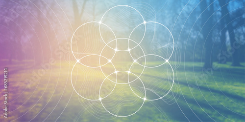 Flower of life. Tree of life. Sacred geometry spiritual new age futuristic illustration with transmutation interlocking circles, triangles and glowing particles