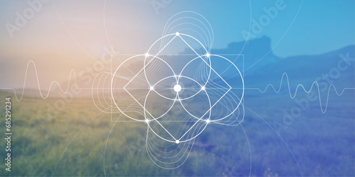 Flower of life. Tree of life. Sacred geometry spiritual new age futuristic illustration with transmutation interlocking circles, triangles and glowing particles